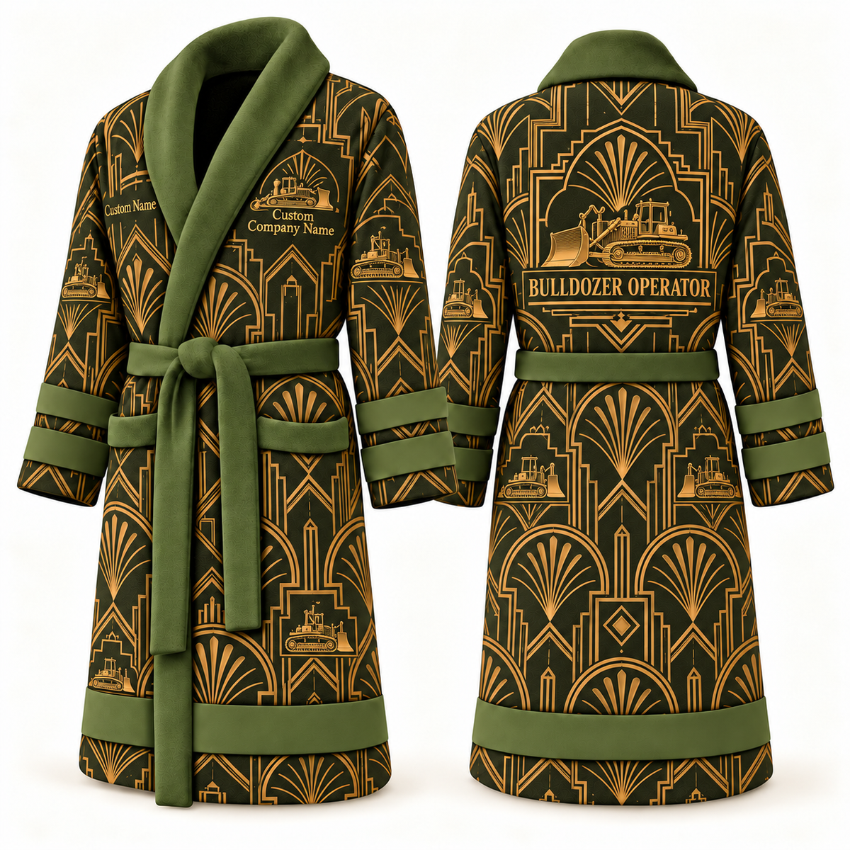 Personalized Bulldozer Operator Bathrobe - Art Deco Craft olive front and back view