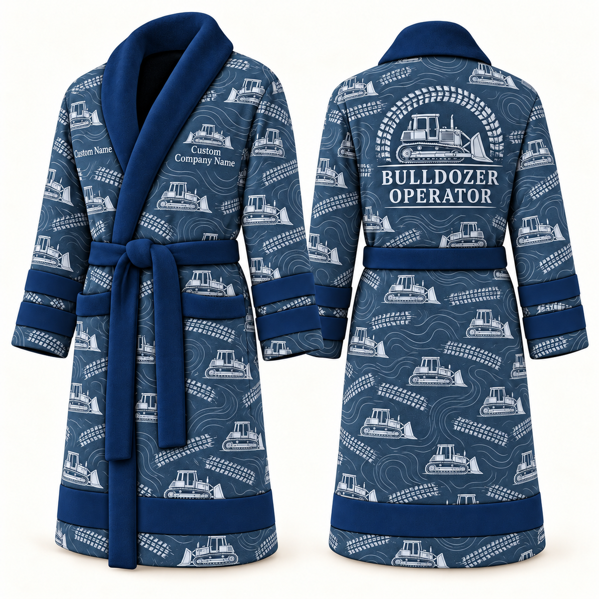 Personalized Bulldozer Operator Bathrobe blue front and back