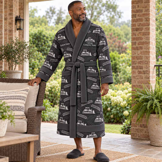 Personalized Bulldozer Operator Bathrobe Slate worn at home