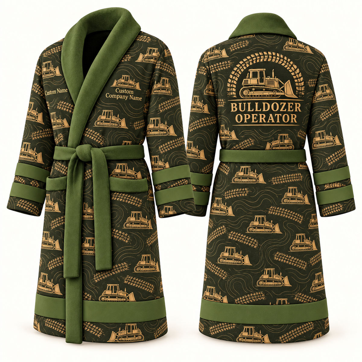 Personalized Bulldozer Operator Bathrobe olive front and back