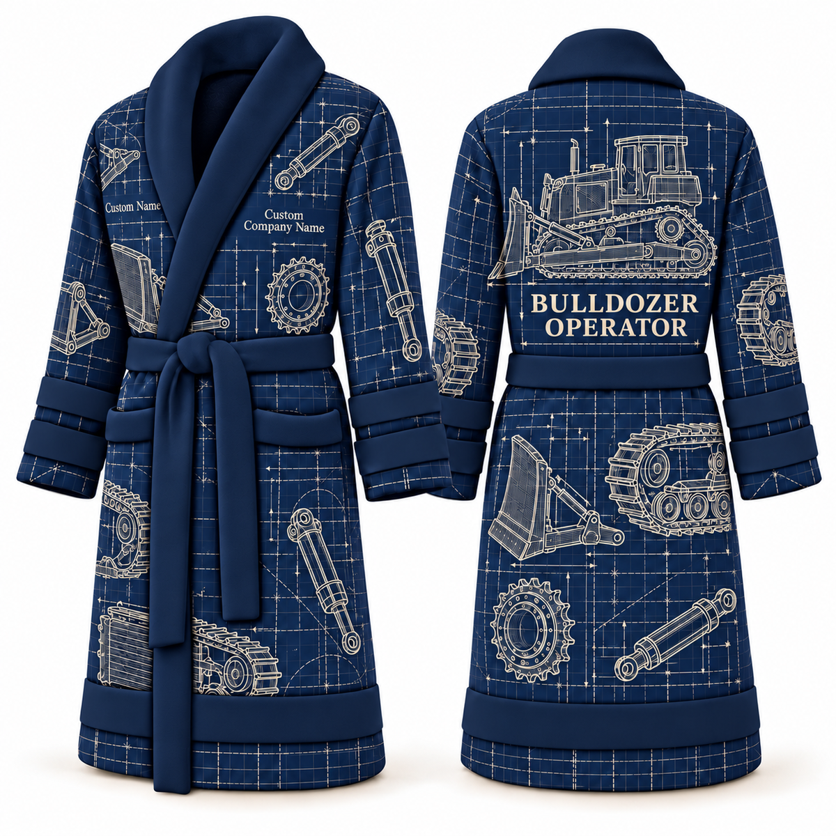 Personalized Bulldozer Operator Bathrobe - Blueprint Workshop blue front and back view