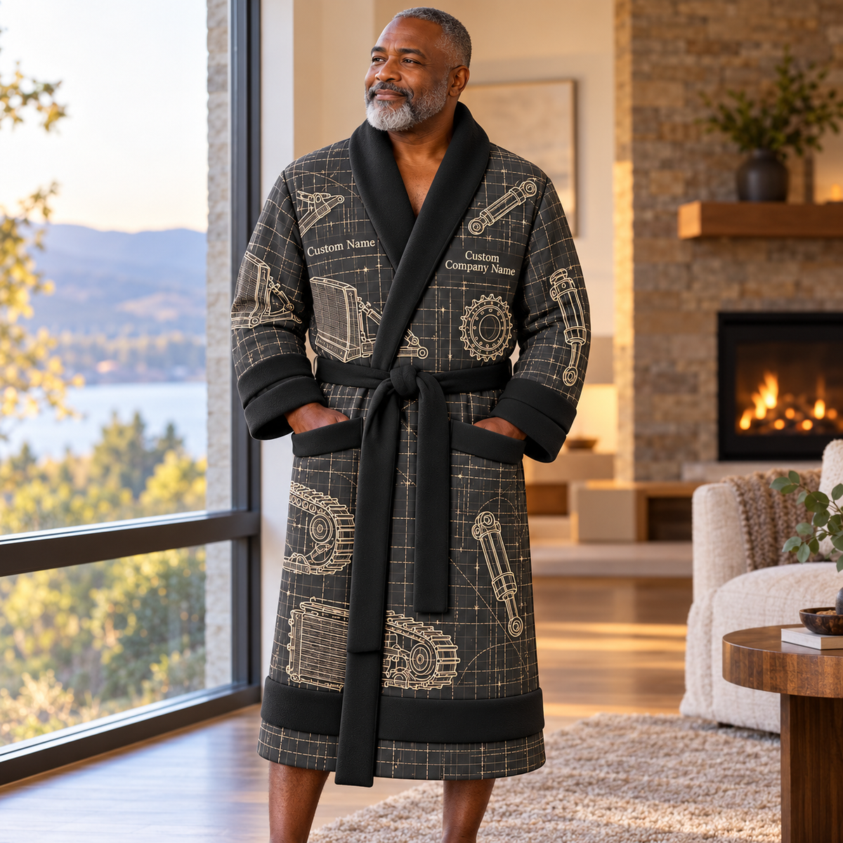 Personalized Bulldozer Operator Bathrobe - Blueprint Workshop lifestyle view