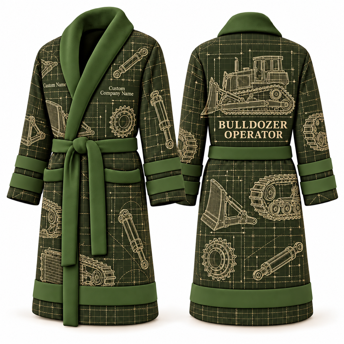 Personalized Bulldozer Operator Bathrobe - Blueprint Workshop olive front and back view