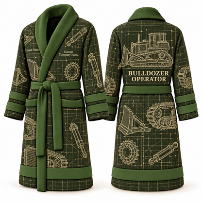 Personalized Bulldozer Operator Bathrobe - Blueprint Workshop olive front and back view