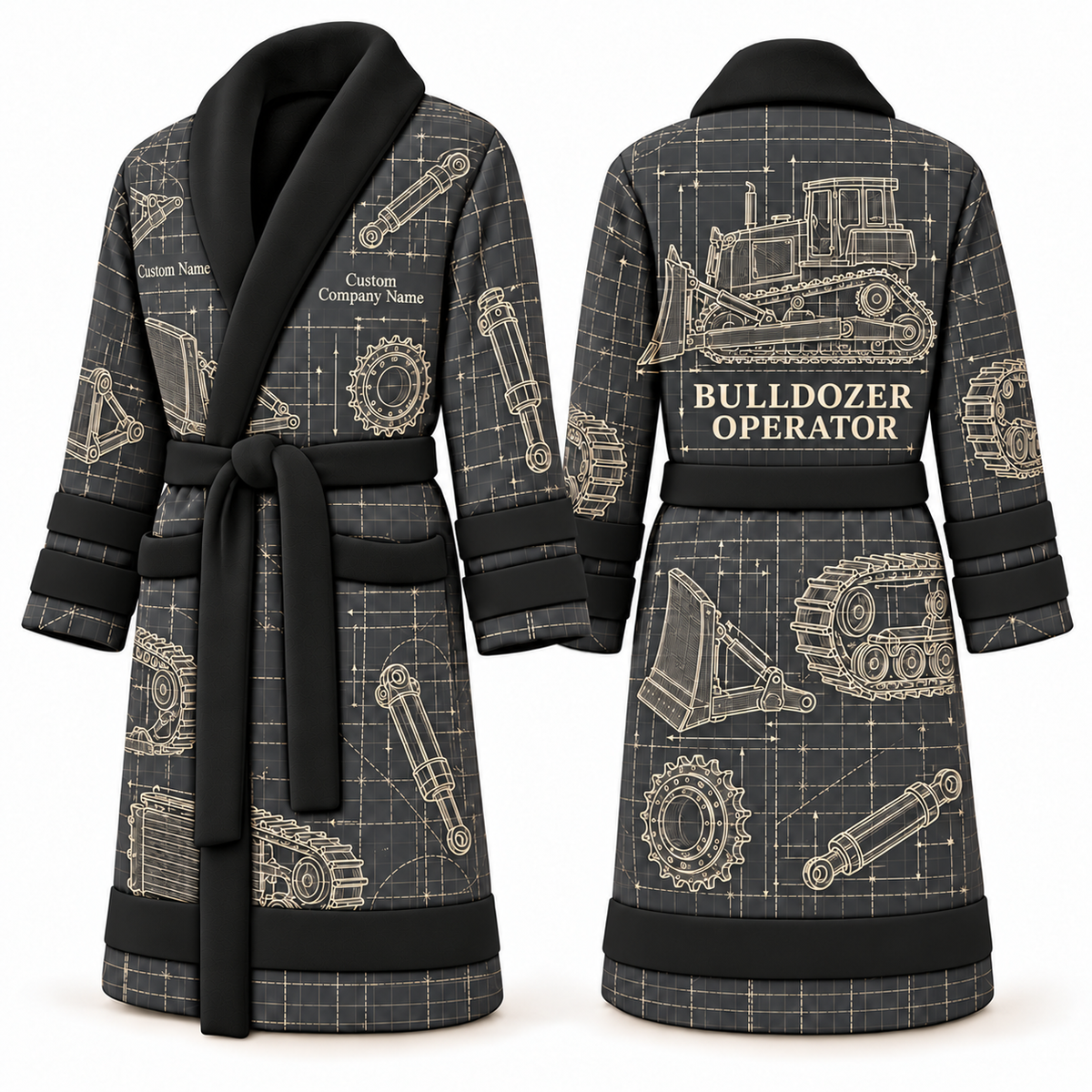 Personalized Bulldozer Operator Bathrobe - Blueprint Workshop slate front and back view