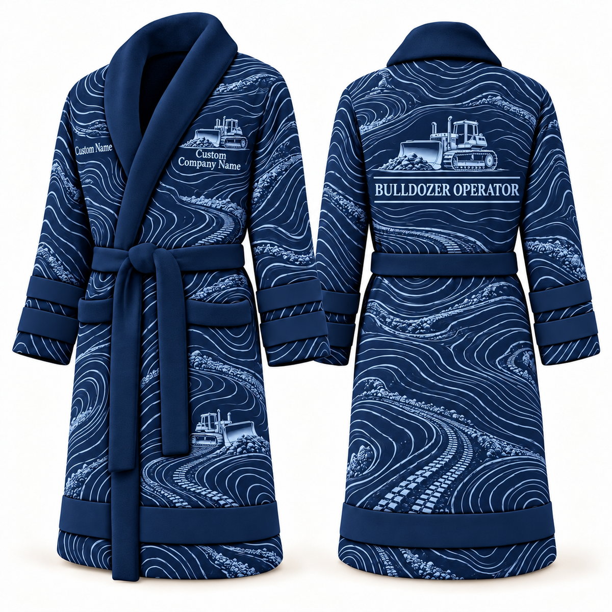 Personalized Bulldozer Operator Bathrobe - Contour Lines blue front and back view