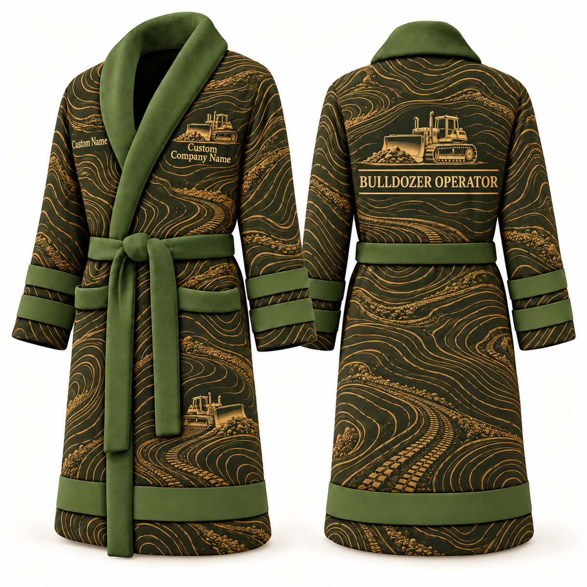 Personalized Bulldozer Operator Bathrobe - Contour Lines olive front and back view