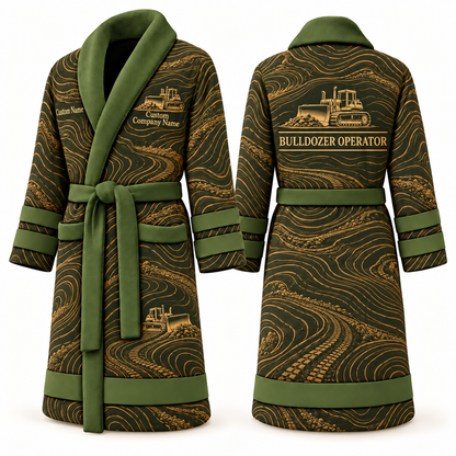 Personalized Bulldozer Operator Bathrobe - Contour Lines olive front and back view