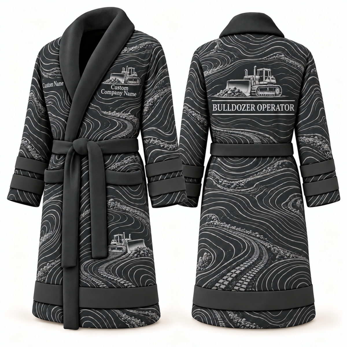 Personalized Bulldozer Operator Bathrobe - Contour Lines slate front and back view