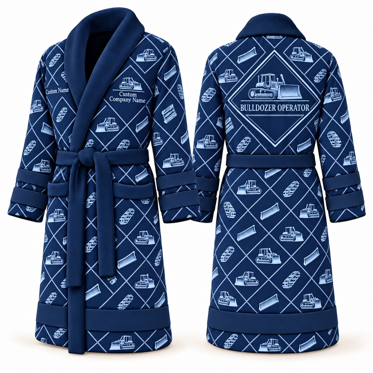 Personalized Bulldozer Operator Bathrobe - Diamond Emblems blue front and back view
