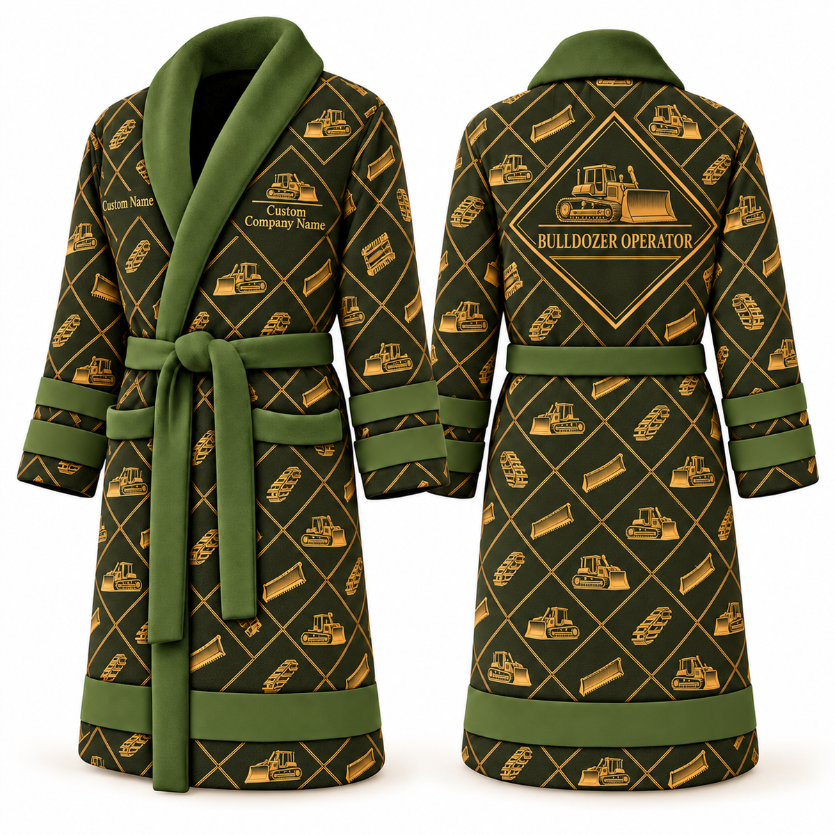 Personalized Bulldozer Operator Bathrobe - Diamond Emblems olive front and back view