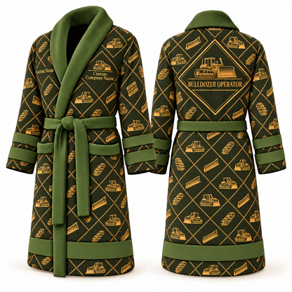 Personalized Bulldozer Operator Bathrobe - Diamond Emblems olive front and back view