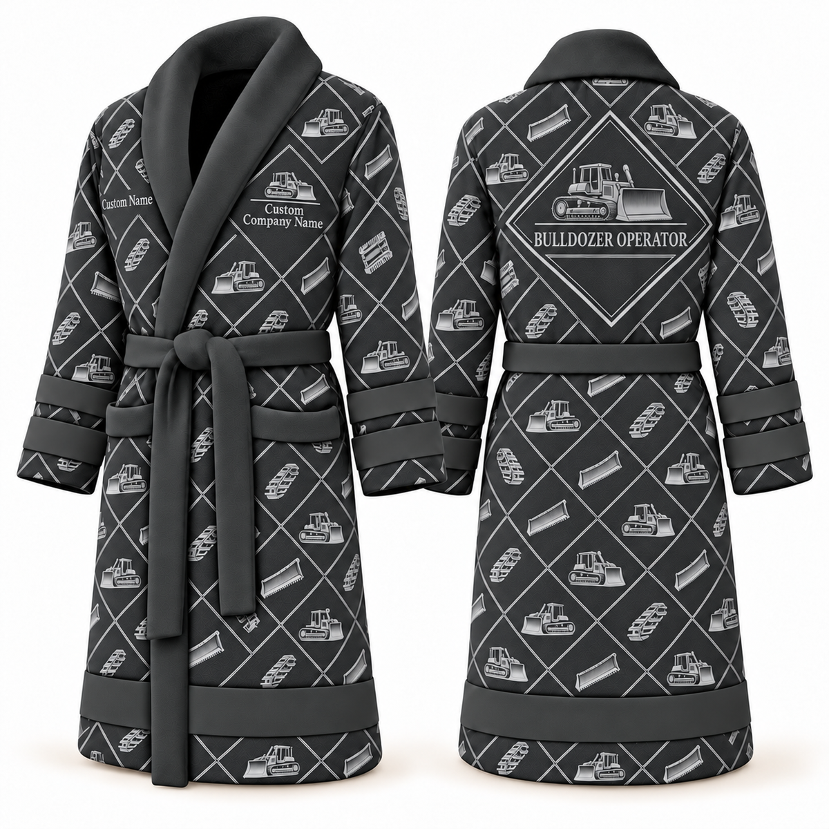 Personalized Bulldozer Operator Bathrobe - Diamond Emblems slate front and back view