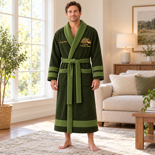 Personalized Bulldozer Operator Bathrobe - Heritage Crest lifestyle view