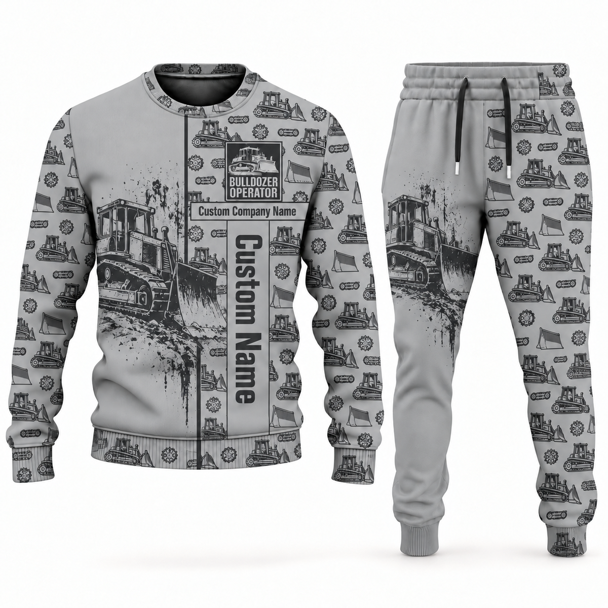 bulldozer operator occupation-themed sweater and jogger combo lightgray color with name and company artwork