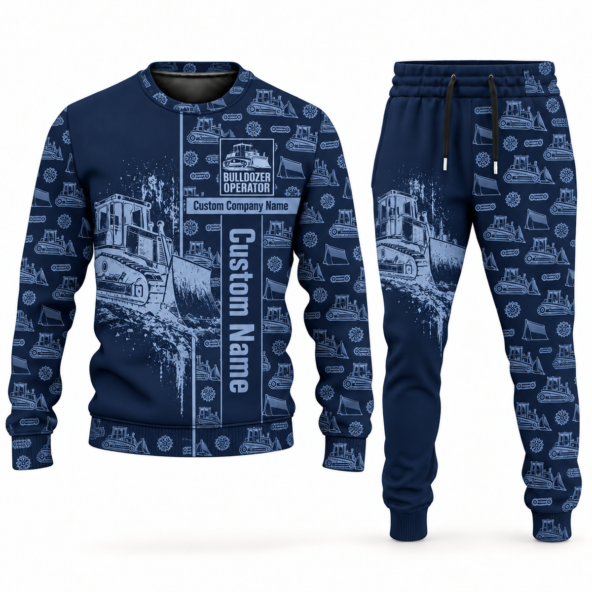 bulldozer operator occupation-themed sweater and jogger combo navy color with name and company artwork
