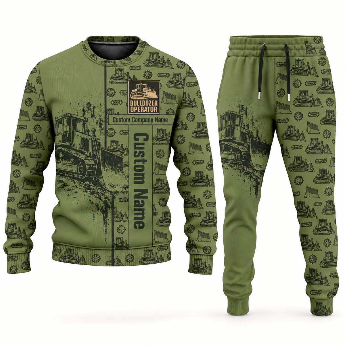 bulldozer operator occupation-themed sweater and jogger combo olive color with name and company artwork