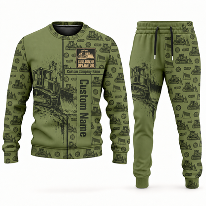 bulldozer operator occupation-themed sweater and jogger combo olive color with name and company artwork