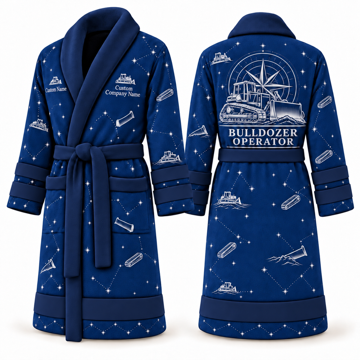 Personalized Bulldozer Operator Bathrobe - Night Shift blue front and back view
