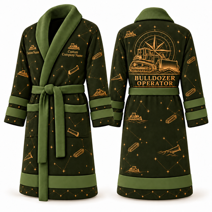 Personalized Bulldozer Operator Bathrobe - Night Shift olive front and back view
