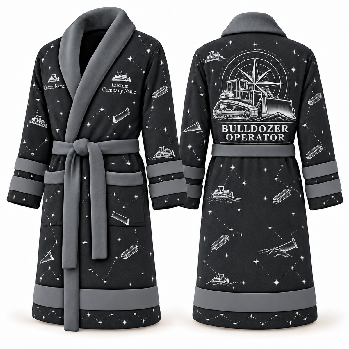 Personalized Bulldozer Operator Bathrobe - Night Shift slate front and back view