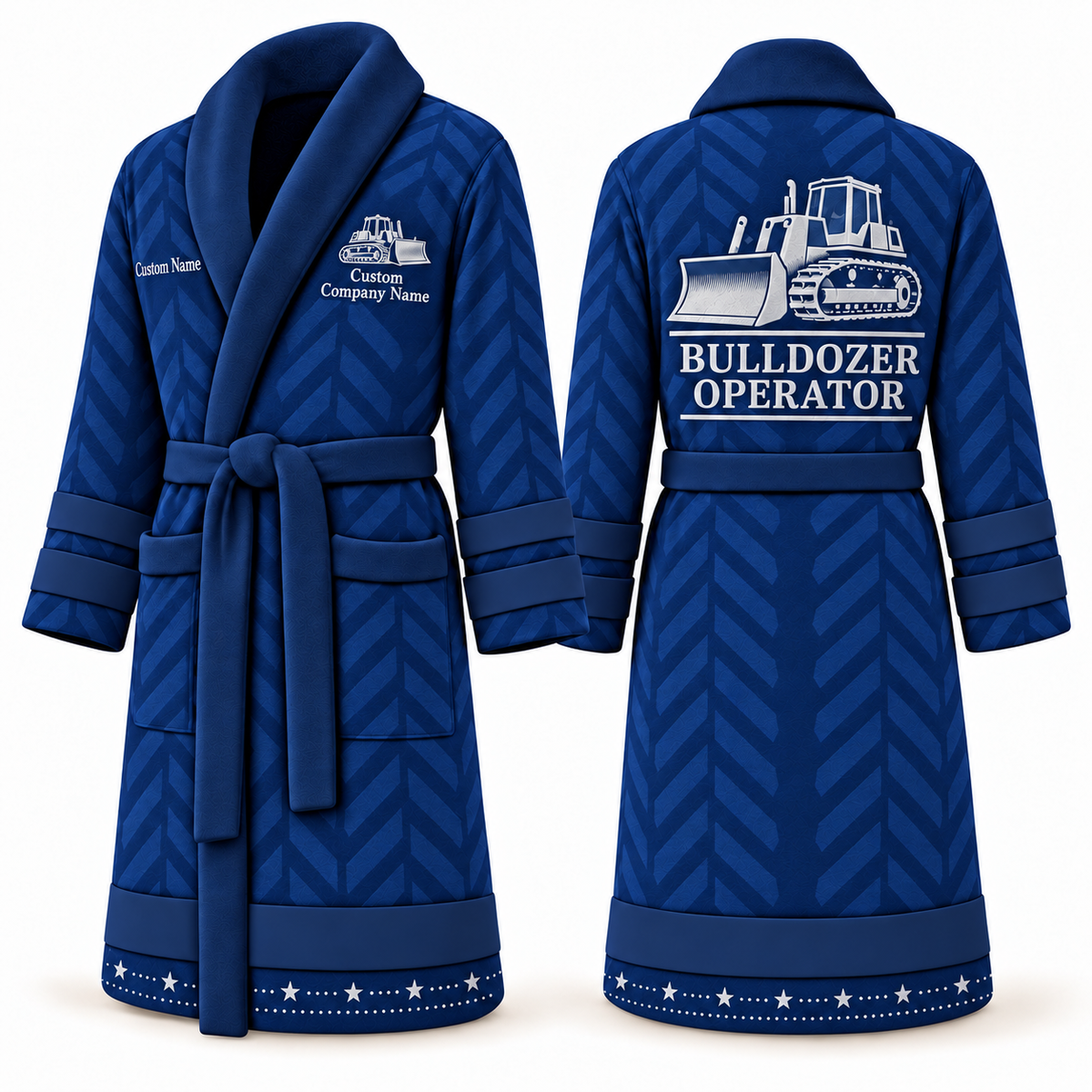 Personalized Bulldozer Operator Bathrobe - Signature Silhouette blue front and back view