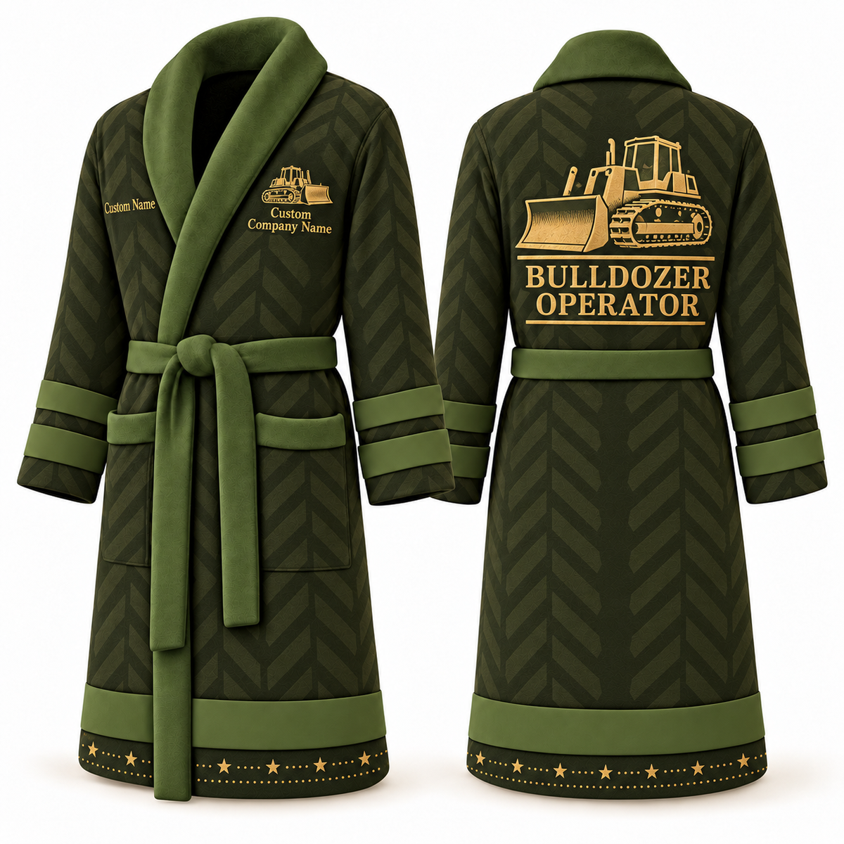 Personalized Bulldozer Operator Bathrobe - Signature Silhouette olive front and back view