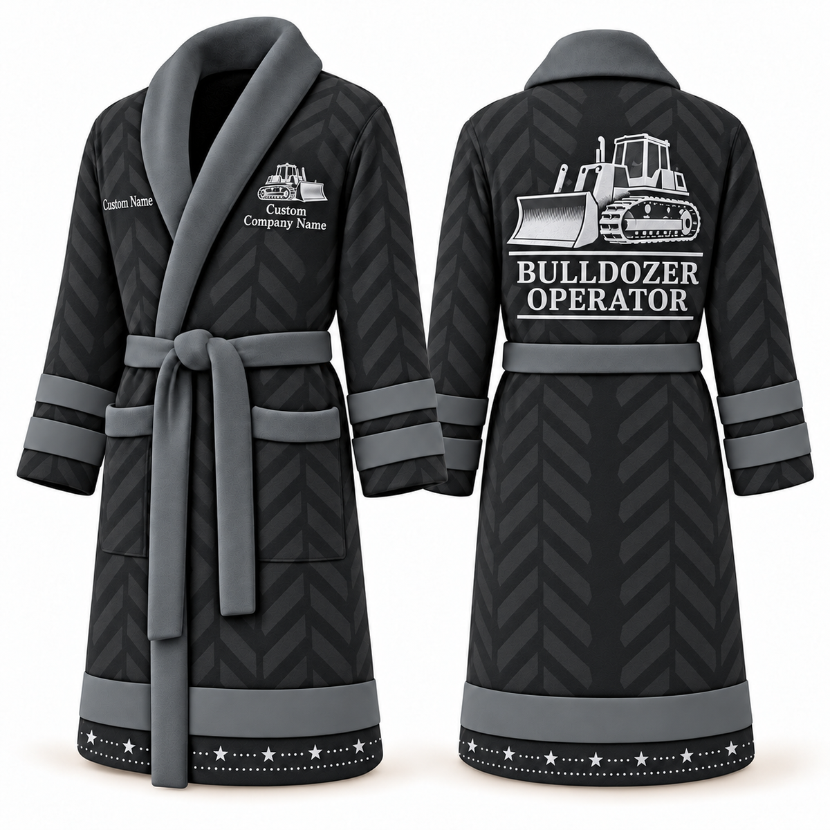 Personalized Bulldozer Operator Bathrobe - Signature Silhouette slate front and back view
