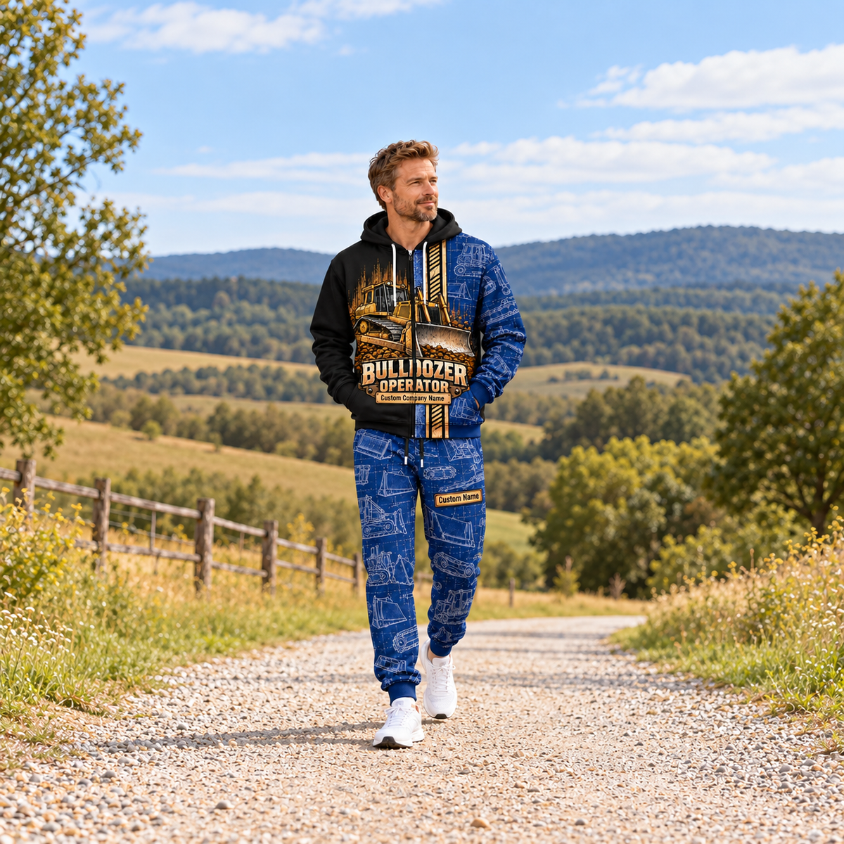 bulldozer operator full-zip hoodie and matching joggers - adult male lifestyle
