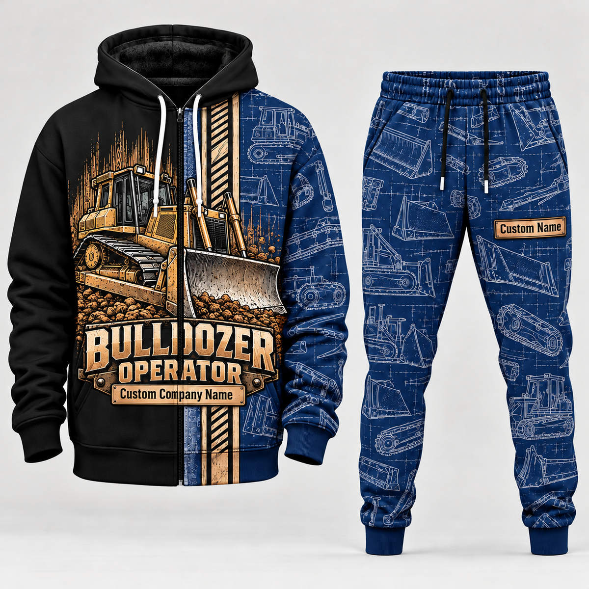 bulldozer operator full-zip hoodie and matching joggers - navy catalog view