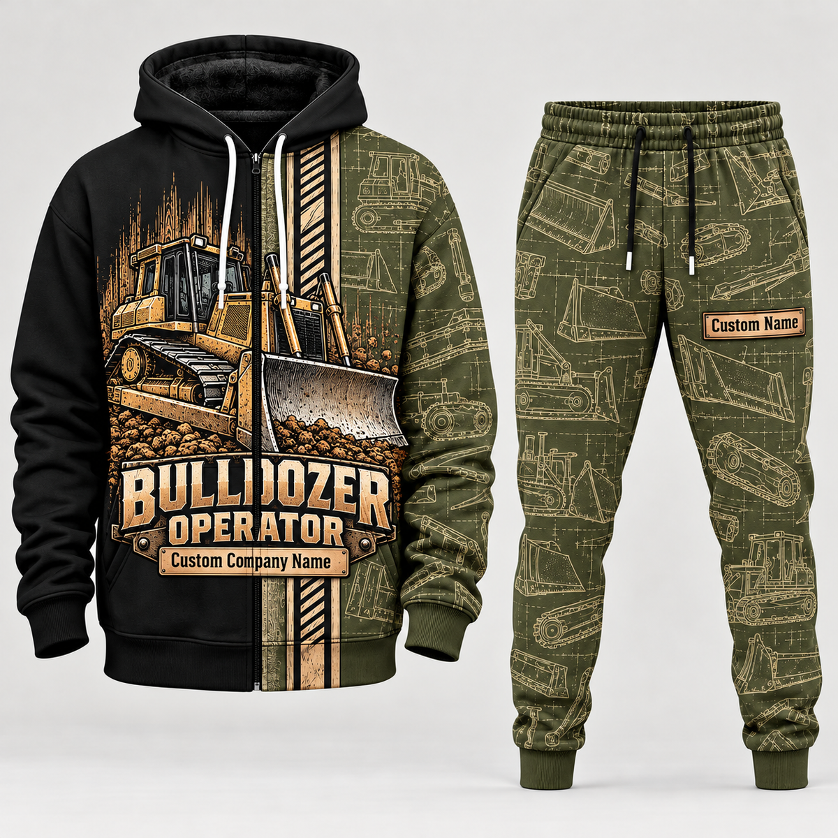 bulldozer operator full-zip hoodie and matching joggers - olive catalog view