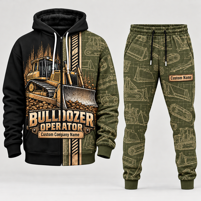 bulldozer operator full-zip hoodie and matching joggers - olive catalog view