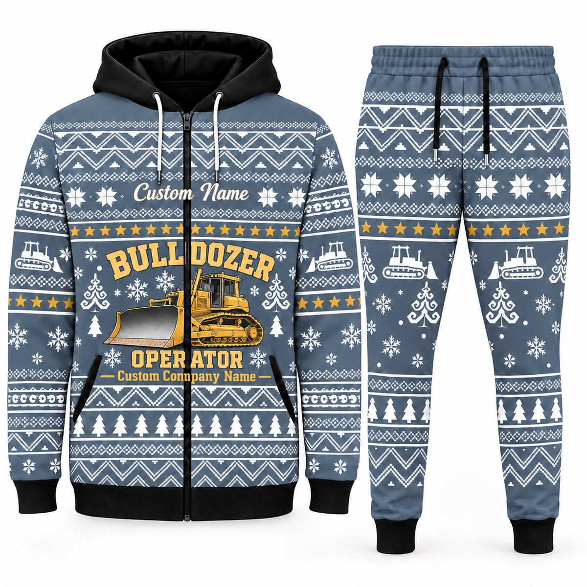 bulldozer-operator blue-gray Winter Snowflake full-zip hoodie and jogger combo with Custom Name and Custom Company Name