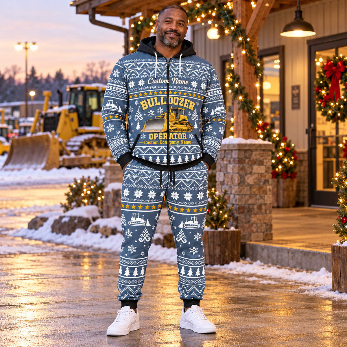 bulldozer-operator hero Winter Snowflake full-zip hoodie and jogger combo with Custom Name and Custom Company Name