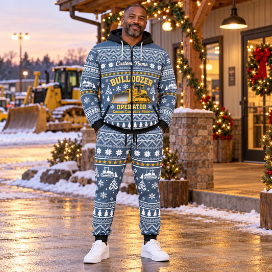 bulldozer-operator hero Winter Snowflake full-zip hoodie and jogger combo with Custom Name and Custom Company Name