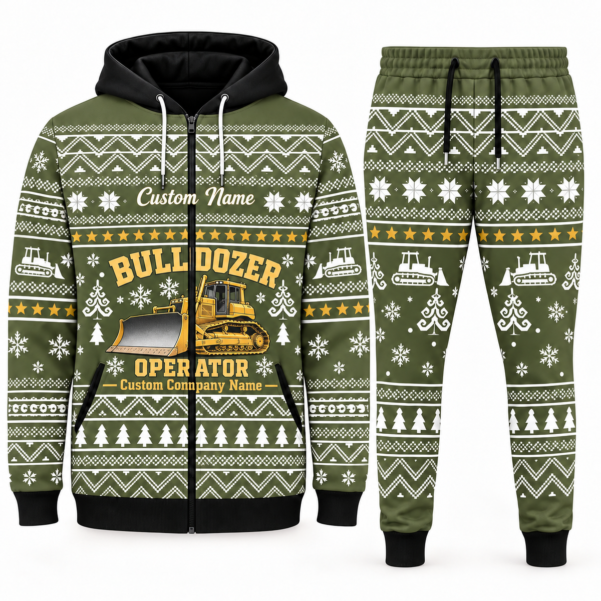 bulldozer-operator olive Winter Snowflake full-zip hoodie and jogger combo with Custom Name and Custom Company Name
