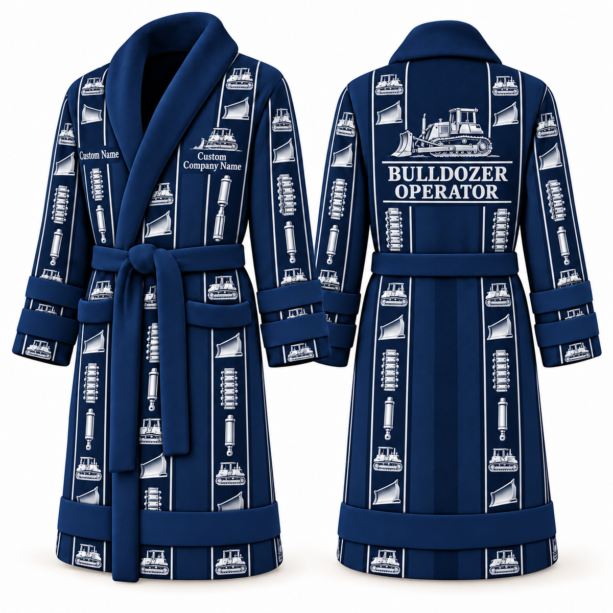 Personalized Bulldozer Operator Bathrobe - Workbench Stripes blue front and back view