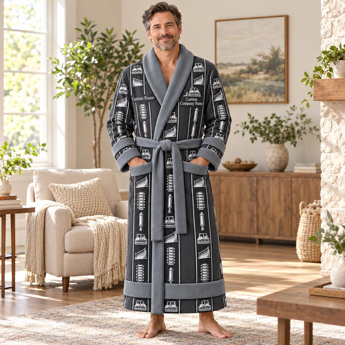 Personalized Bulldozer Operator Bathrobe - Workbench Stripes lifestyle view