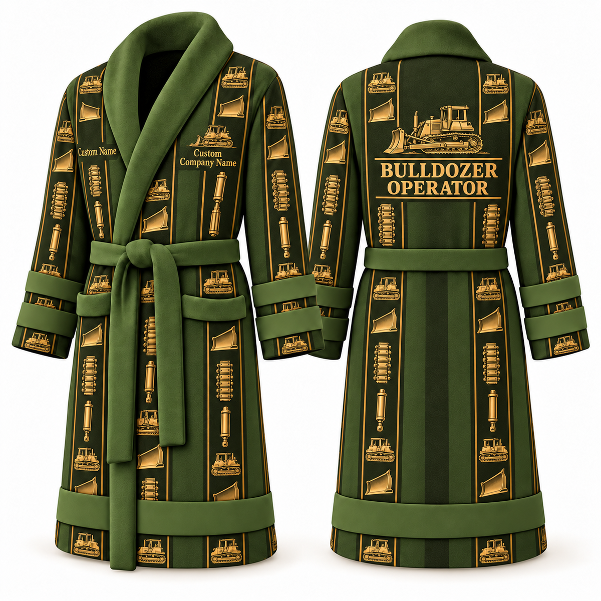 Personalized Bulldozer Operator Bathrobe - Workbench Stripes olive front and back view