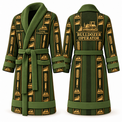 Personalized Bulldozer Operator Bathrobe - Workbench Stripes olive front and back view