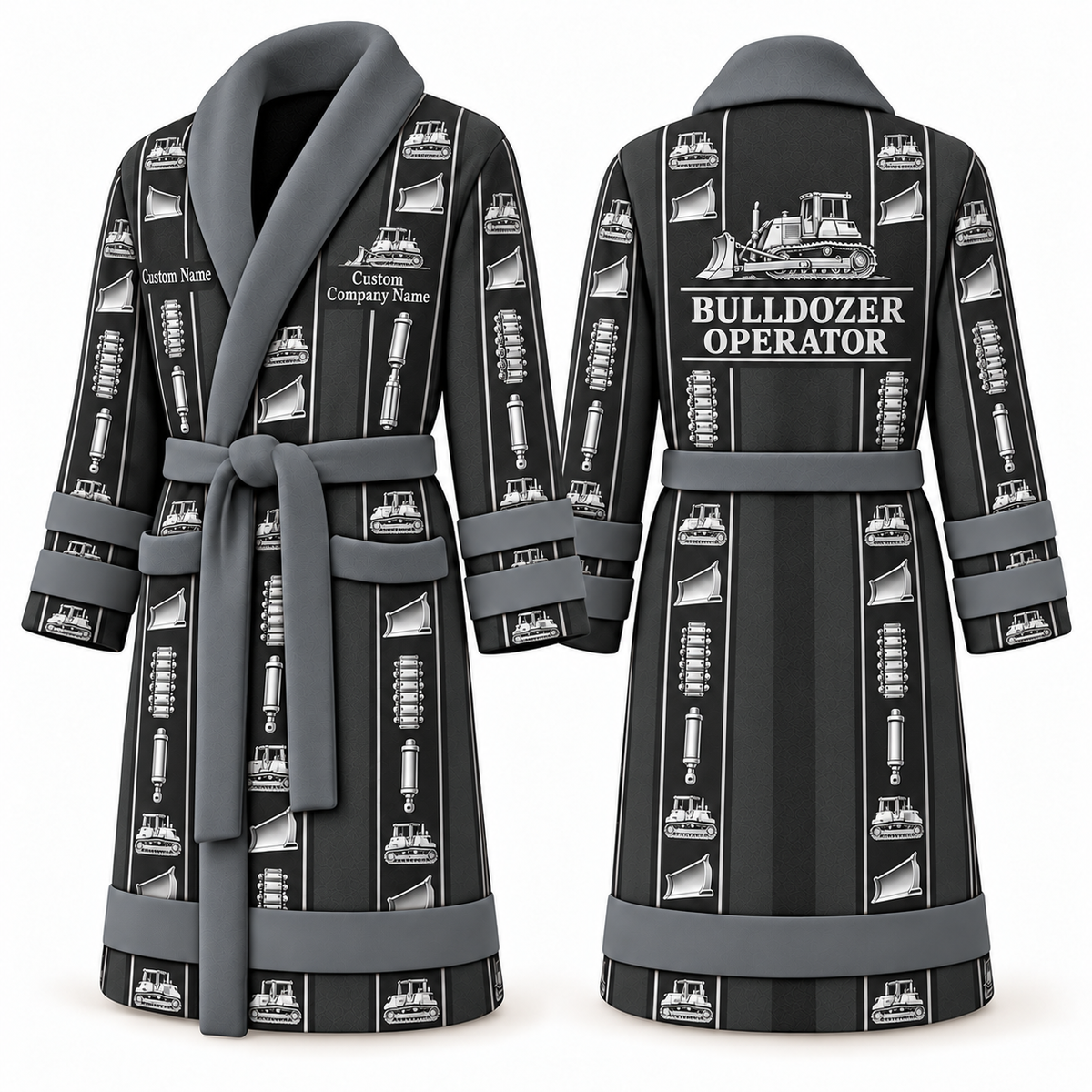 Personalized Bulldozer Operator Bathrobe - Workbench Stripes slate front and back view