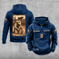 Bull Rider Daily Commitment Portrait Vintage Hoodie in Dark Blue, front and back views with sample text CUSTOM NAME and SINCE 2000, small sleeve motifs and a tall sepia kneeling rider illustration.