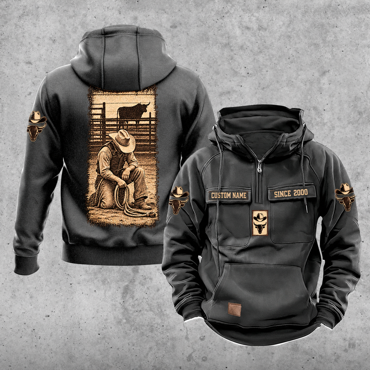 Bull Rider Daily Commitment Portrait Vintage Hoodie in Dark Gray, front and back views with sample text CUSTOM NAME and SINCE 2000, small sleeve motifs and a tall sepia kneeling rider illustration.