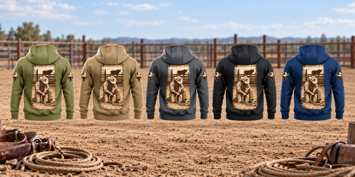 Five complete back views of the Bull Rider Daily Commitment Portrait Vintage Hoodie in Military Green, Kaki, Dark Gray, Black and Dark Blue, with matching tall kneeling rider prints and paired upper-sleeve motifs in an empty rodeo arena.