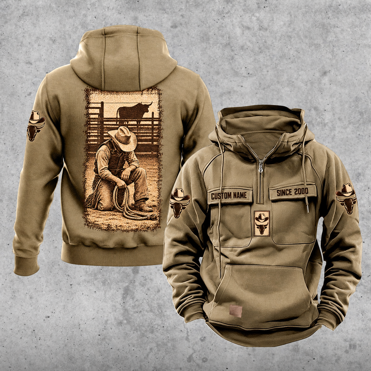 Bull Rider Daily Commitment Portrait Vintage Hoodie in Kaki, front and back views with sample text CUSTOM NAME and SINCE 2000, small sleeve motifs and a tall sepia kneeling rider illustration.