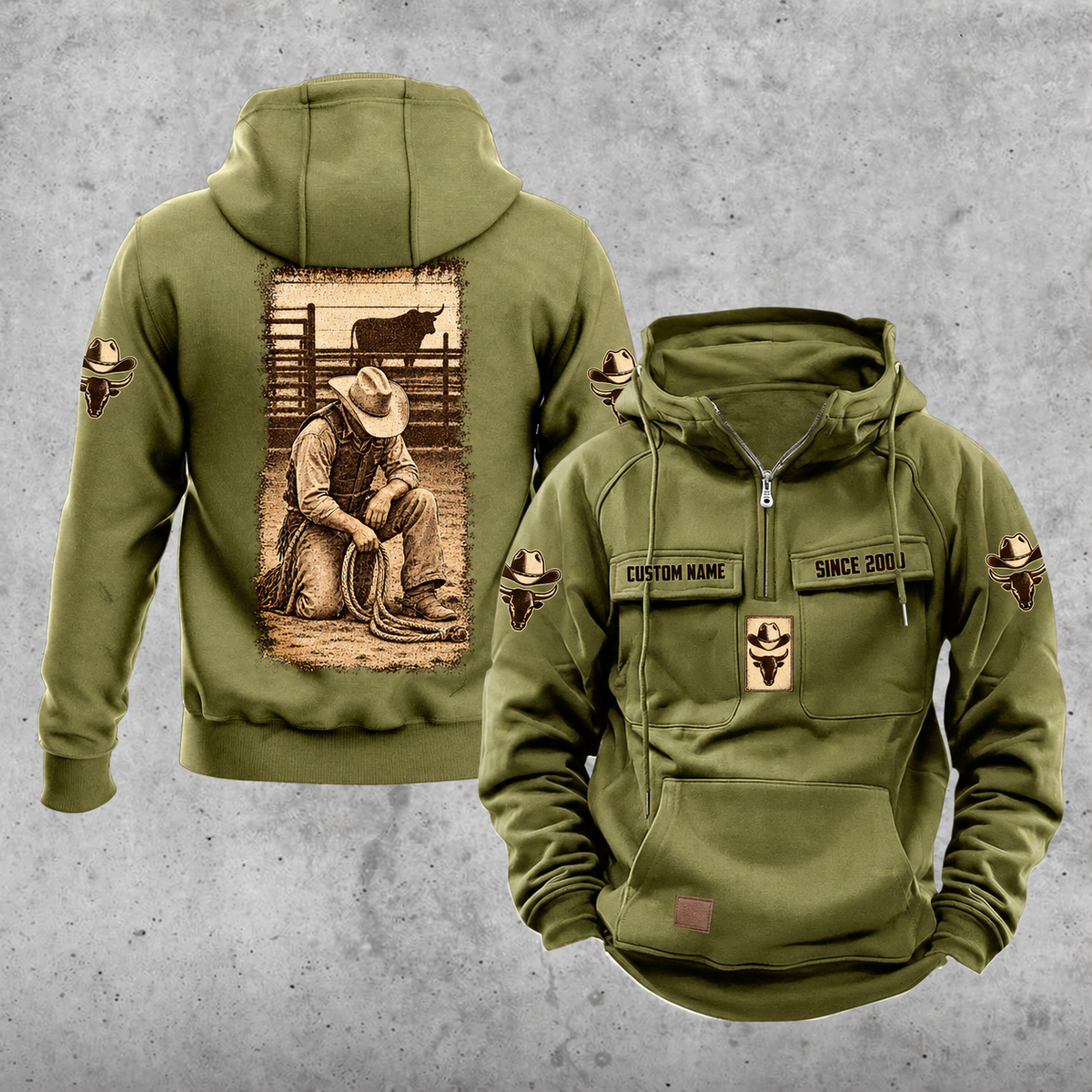 Bull Rider Daily Commitment Portrait Vintage Hoodie in Military Green, front and back views with sample text CUSTOM NAME and SINCE 2000, small sleeve motifs and a tall sepia kneeling rider illustration.