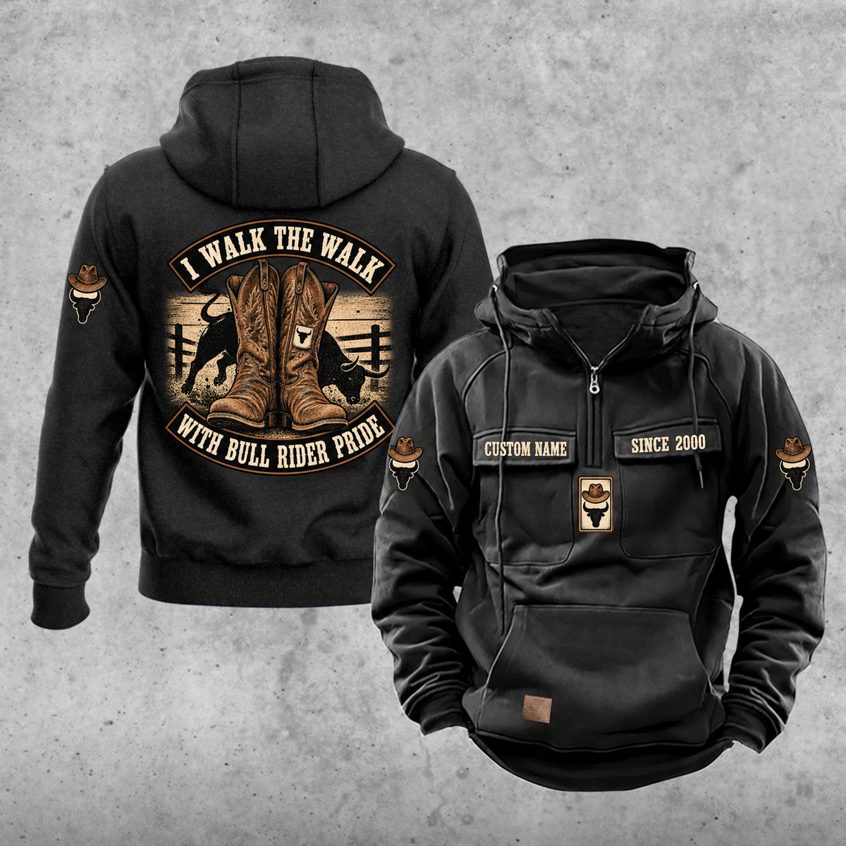 Bull Rider Walk the Walk Badge Vintage Hoodie in Black, front and back views with western boots, curved banners, sample text CUSTOM NAME and SINCE 2000, and a plain lower pouch with a small brown label.