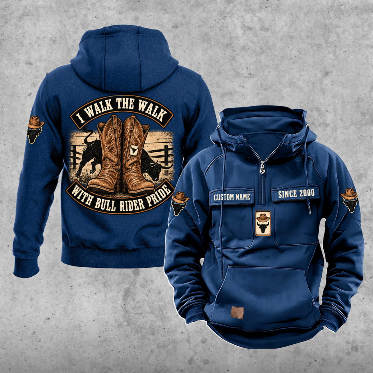 Bull Rider Walk the Walk Badge Vintage Hoodie in Dark Blue, front and back views with western boots, curved banners, sample text CUSTOM NAME and SINCE 2000, and a plain lower pouch with a small brown label.