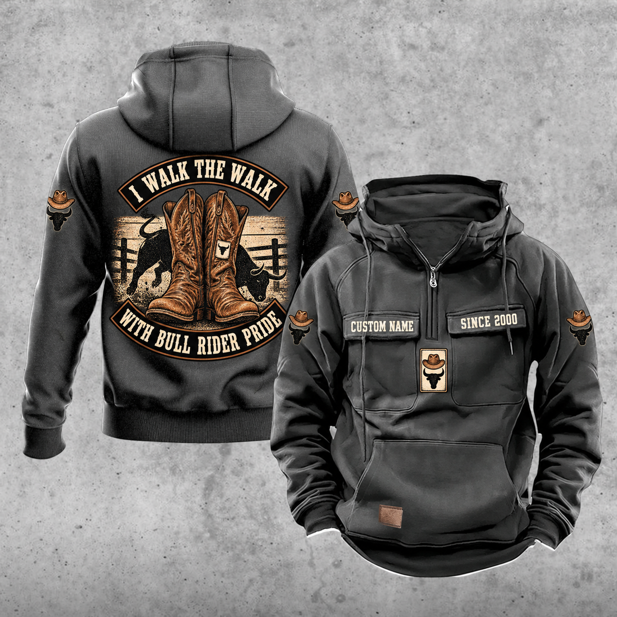 Bull Rider Walk the Walk Badge Vintage Hoodie in Dark Gray, front and back views with western boots, curved banners, sample text CUSTOM NAME and SINCE 2000, and a plain lower pouch with a small brown label.