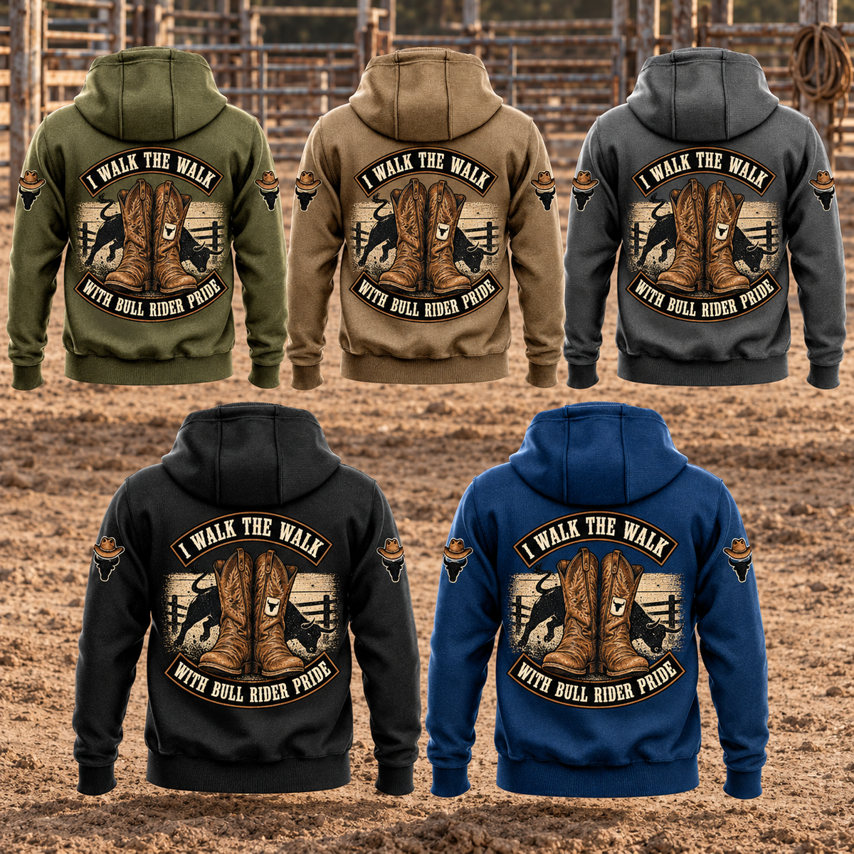 Bull Rider Walk the Walk Badge Vintage Hoodie in Military Green, Kaki, Dark Gray, Black and Dark Blue, five complete back views with western riding boots and arched text in an empty rodeo arena.